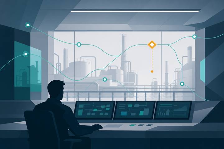Stylized control room with abstract maintenance status signals and map lines.