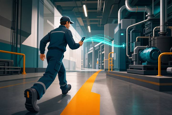 Stylized technician moving through an industrial corridor with motion trails.