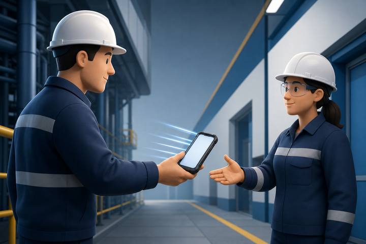 Stylized industrial workers exchanging a digital work order through a rugged phone.