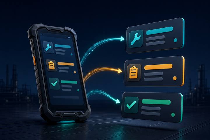 Abstract rugged phone with floating work-order state cards and motion arcs.
